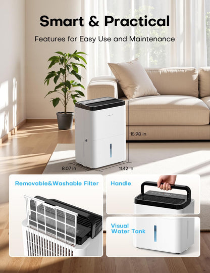 Small Dehumidifier,35OZ,25dB Quiet for Bedroom Bathroom Closet | 350 Sq.Ft, Energy Saving, Auto Defrost, Auto Shut-off, Colorful lights, for Wardrobe Office & RV, White