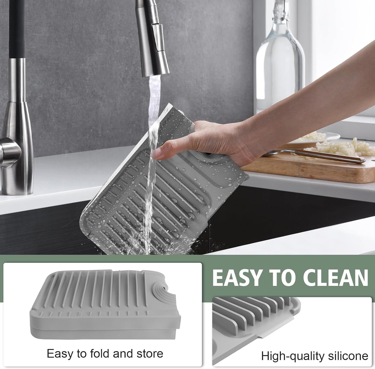 17.7-Inch Kitchen Sink Splash Guard Mat | 7° Slope for Fast Self-Draining | Snap-Lock Design | Universal & Cuttable Silicone Faucet Mat Gray