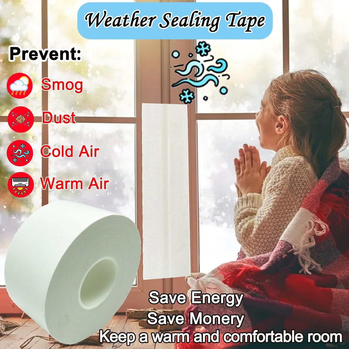 Window Weather Sealing Tape, White Window Draft Isolation Film Tape, Waterproof AC Insulation Air Conditioner Sealing Tape to Keep Out Cold Air, Dust, Rain, 2IN X 99FT, No Residue