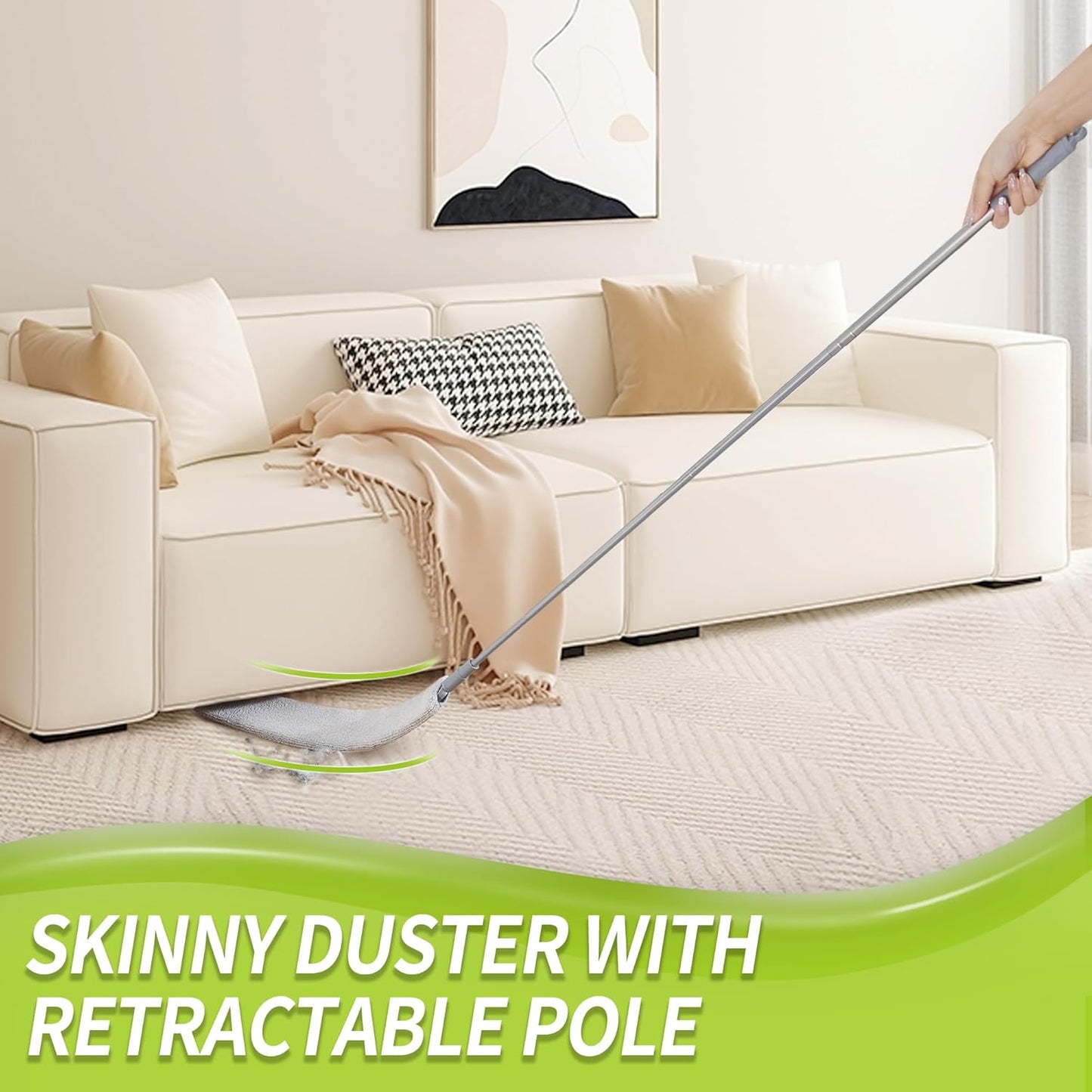IVYROLL Skinny Duster with Extension Pole for Under Furniture | Under Appliance Cleaning Tool with 3 Microfiber Dusting Cloths, Retractable Flat Duster for Under Refrigerator, Gap