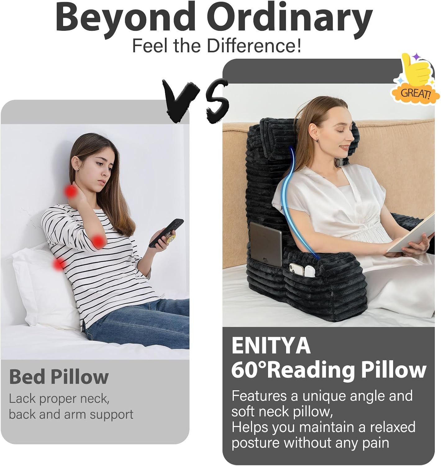 ENITYA 22" XL Back Pillow for Bed Sitting Up with Armrests & Big Pockets | Reading Pillow for Bed, Soft Back Support Chair, Ideal for Watching TV, Gaming, Nursing, Resting, Post Surgery, Dark Grey
