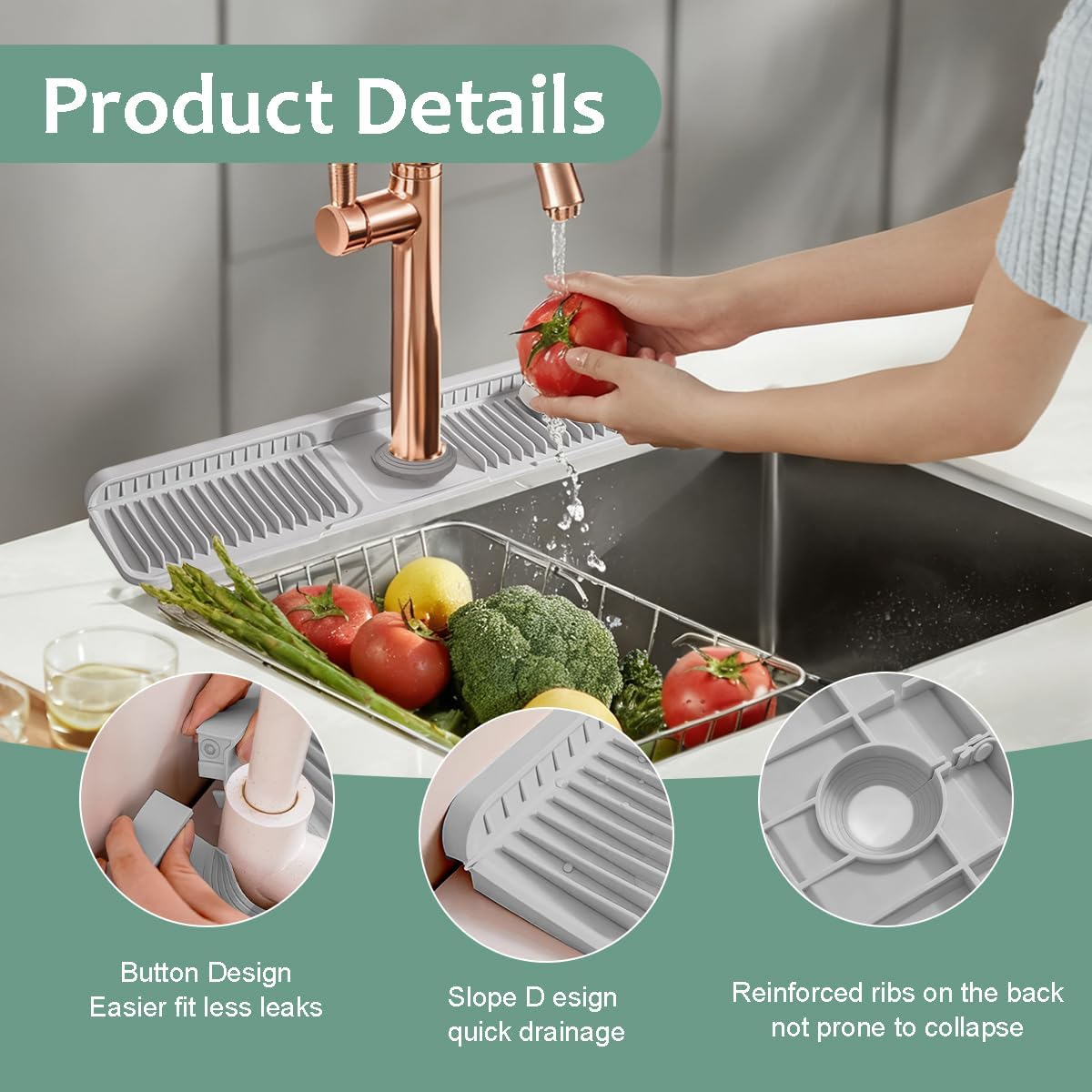 24 Inch Upgraded Draining Mat Folding faucet Mat for Bathroom Sink Splash Guard 7° Slope with Button Lock Water Draining Pad for Kitchen Bathroom Bar(Pink)