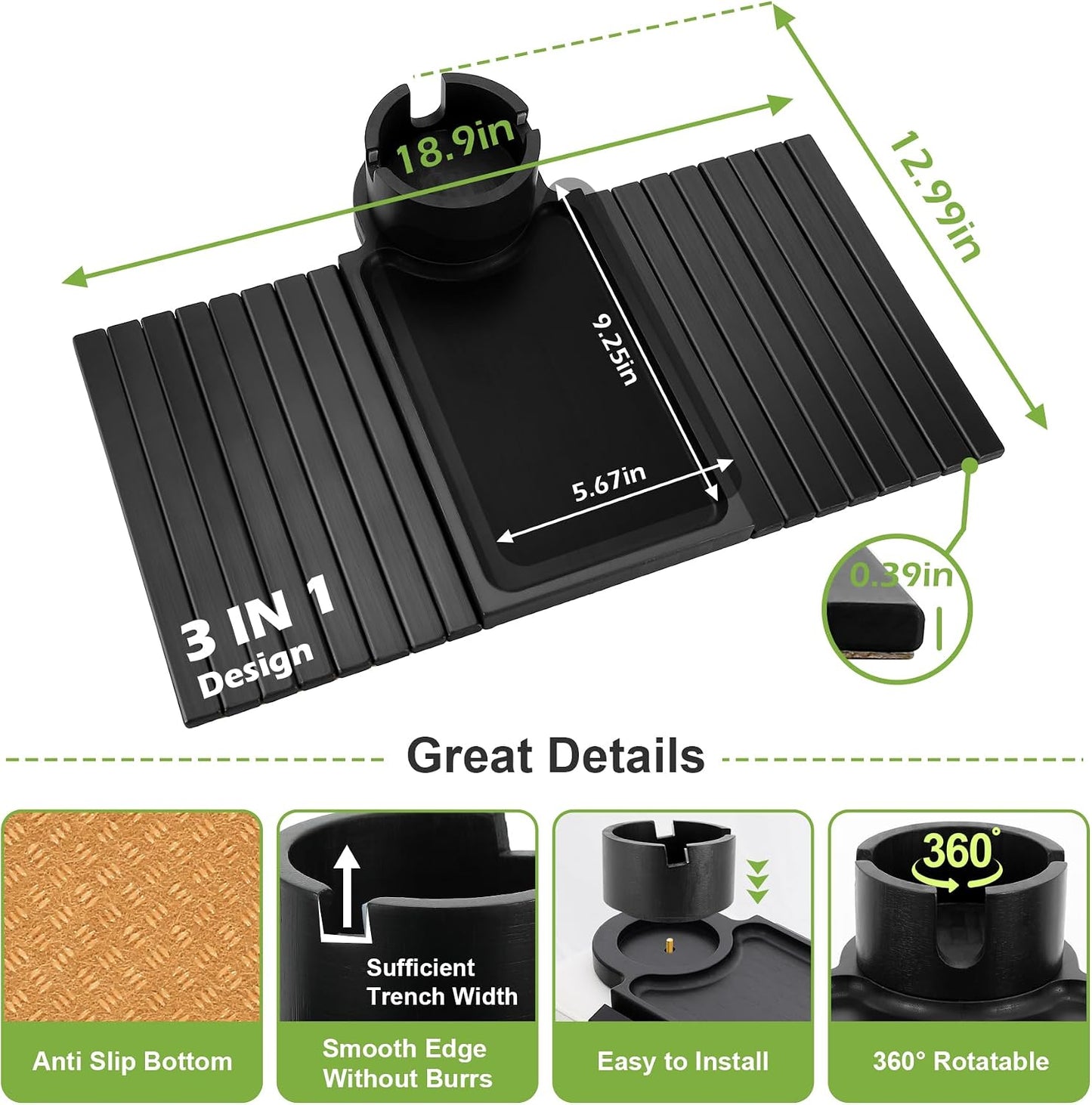 Couch Cup Holder - 3 in 1 Sofa Arm Tray with 360° Rotating Cup Holder & Phone Stand,Arm Chair Rest Table Fits Various of Large Width Couches Armrest,Anti-Slip Foldable Couch Tray for Drinks
