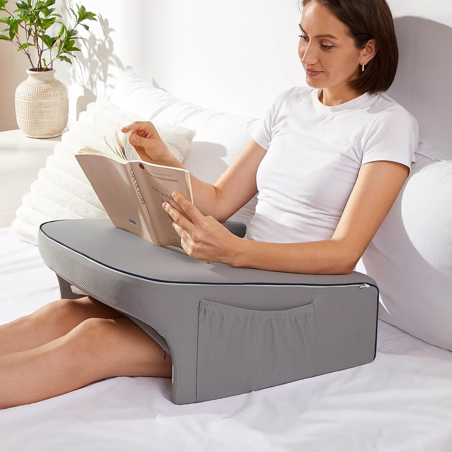 cooloo8 Reading Pillow with Armrests – Extra Large Memory Foam Gaming Pillow for Adult, Lap Desk for Laptop, Arm Rest for Working, Crocheting, Playing Game or Siting in Bed, Floor, Sofa, (Grey)