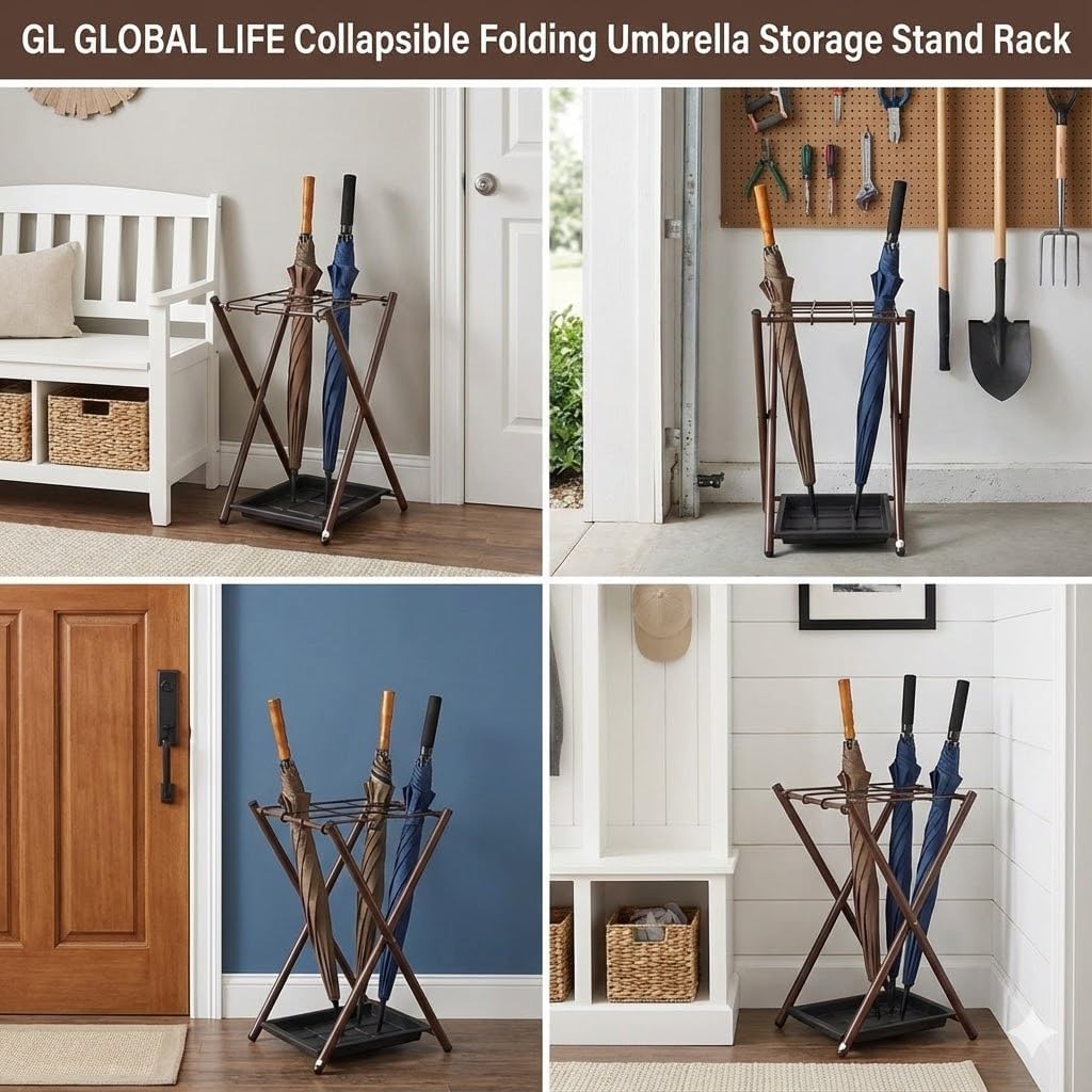 Folding Umbrella Storage Stand Rack Holder Organizer Bin for Entryway Home Commercial Office Décor with Drip Tray