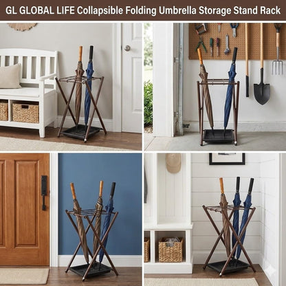 Folding Umbrella Storage Stand Rack Holder Organizer Bin for Entryway Home Commercial Office Décor with Drip Tray