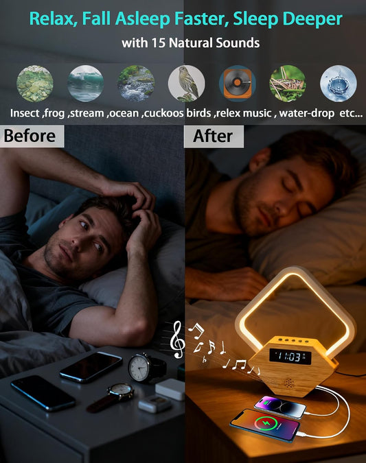 All-in-One Sunrise Alarm Clock for Heavy Sleepers | Wood 3-Color Dimmable Bedside Lamp with White Noise & Fast USB Phone Charger for Bedroom/Office | Sleep Aid for Adults Kids,Gift for Men Women