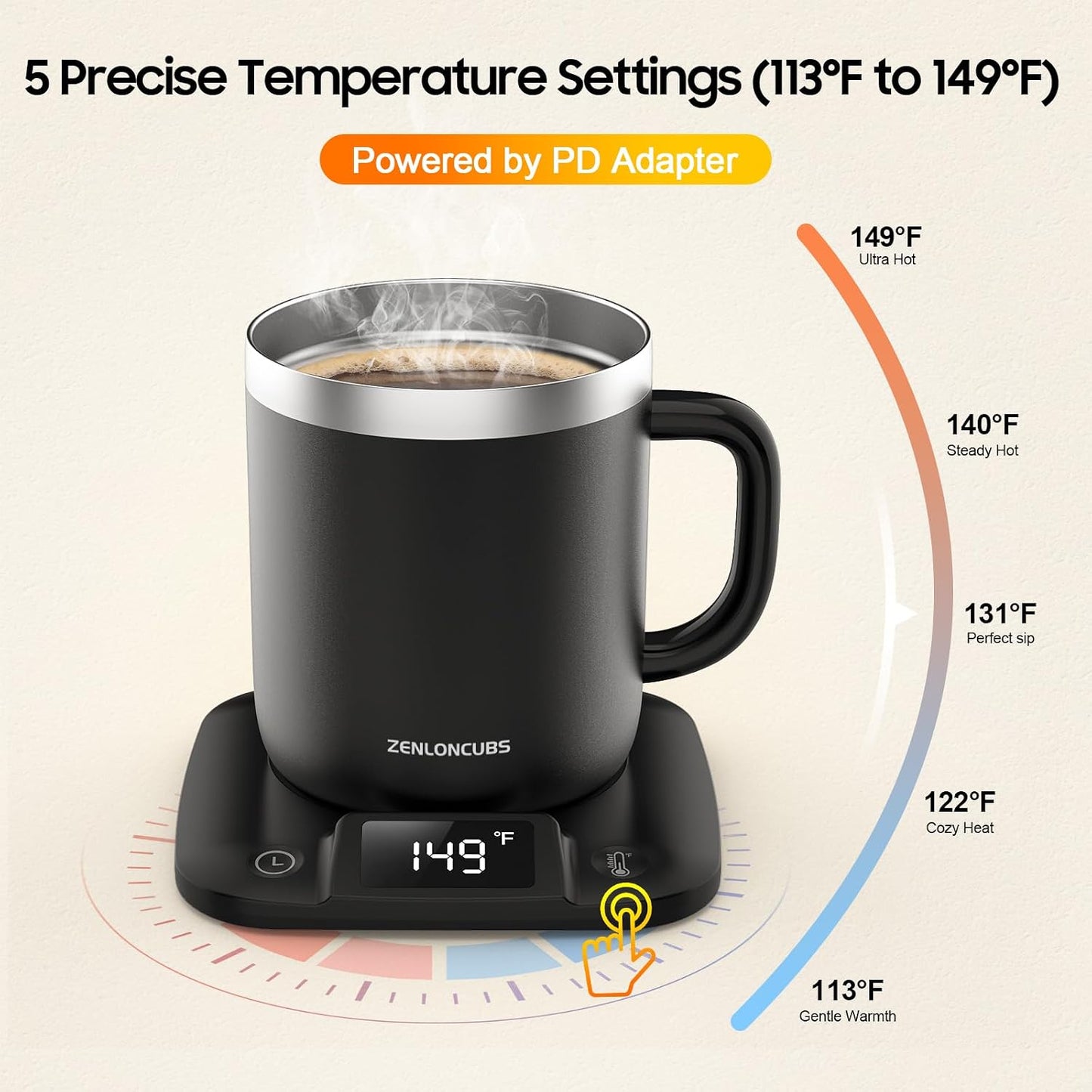 Smart Electric Heated Coffee Mug with Temperature Control, 5 Settings & Display, Auto Shut-Off, Fast Heating Warmer Set with Stainless Steel Coffee Mug (14oz-Black)
