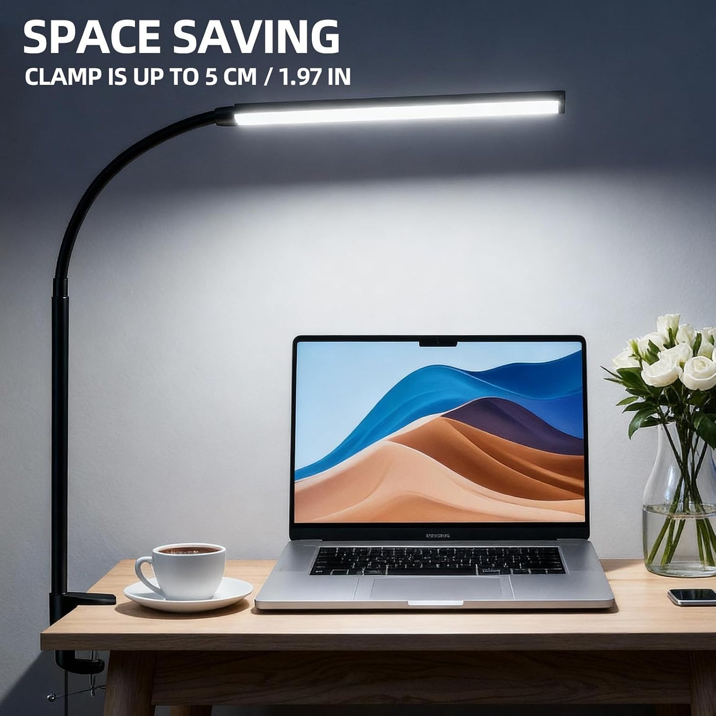 Clip on Desk Lamp with Clamp,Dimmable Eye Caring Book Reading Light for Bed | 54 LED 3 Color 10 Brightness, Push Button,USB Powered with Adapter, Flexible Gooseneck Clamp Lamp for Computer Workbench Nail
