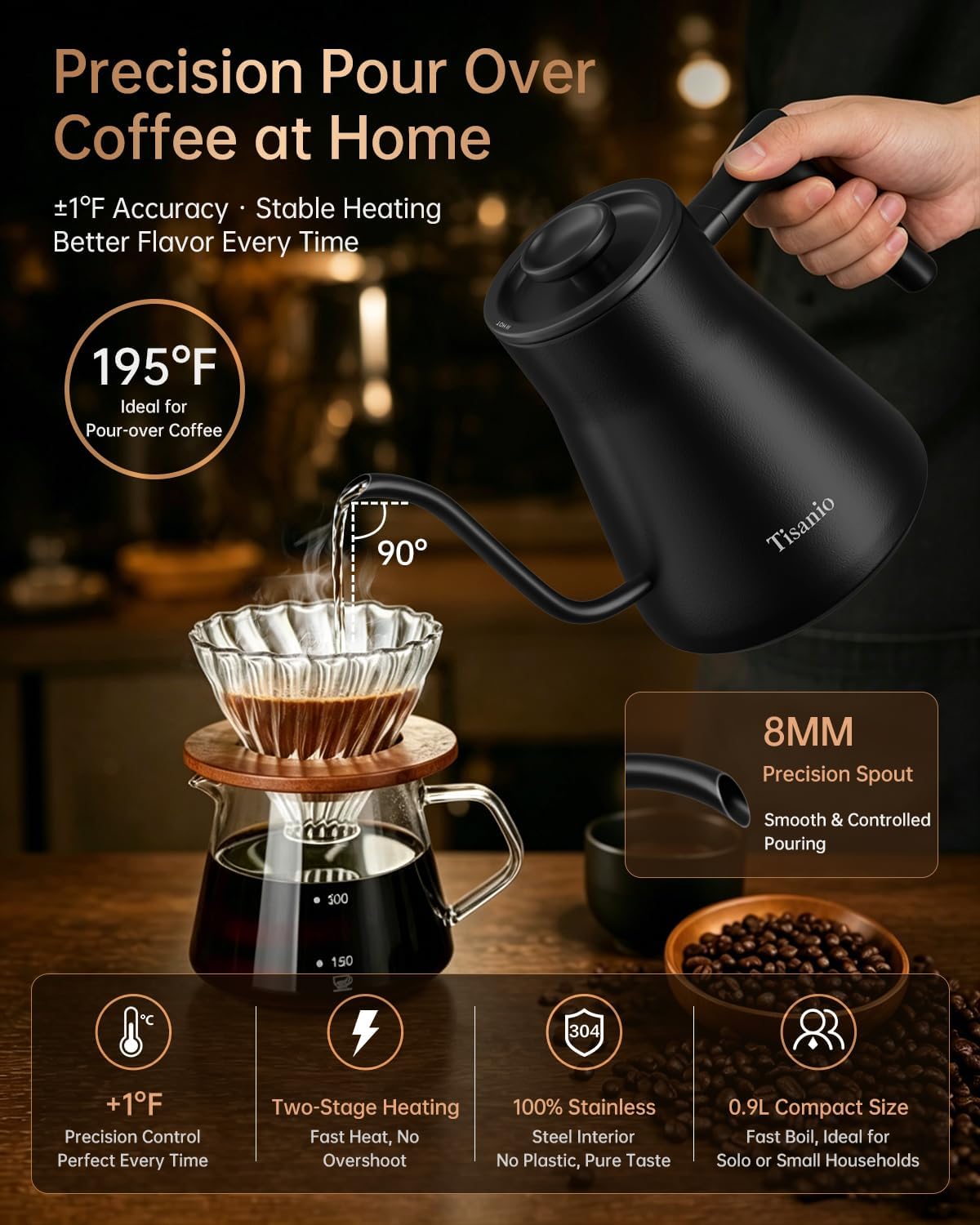 Gooseneck Electric Kettle with Temperature Control, 0.9L, Black | ±1°F Precision Pour Over Kettle, LCD Dual Display, Smart Two-Stage Heating, 2H Keep Warm, 304 Stainless Steel Interior