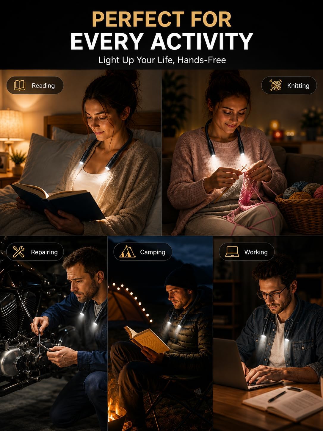 Rechargeable Hands-Free Neck Light with 3 Adjustable Color Modes, Black | Stepless Dimming, Flicker-Free Eye Protection, Flexible & Bendable, Long Battery Runtime, Protable Lightweight