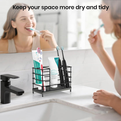 Toothbrush Holder with Quick Drying Mat—Toothbrush and Toothpaste Holders for Bathrooms—5 Slots Openwork Design Black Toothbrush Holder Set,Bathroom Counter Organizer for Electric Toothbrush