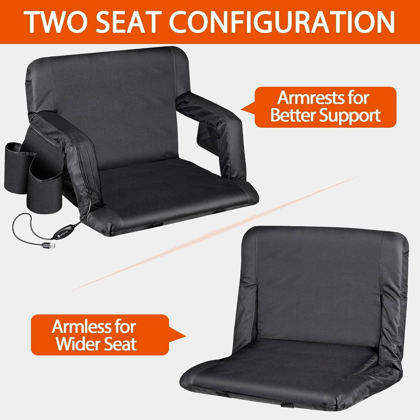 LEMY 20.5"/ 25" Wide Adjustable Stadium Seat for Bleachers Portable Water Resistant Stadium Chair with Back/Arms/Cushion for Outdoor or Indoor