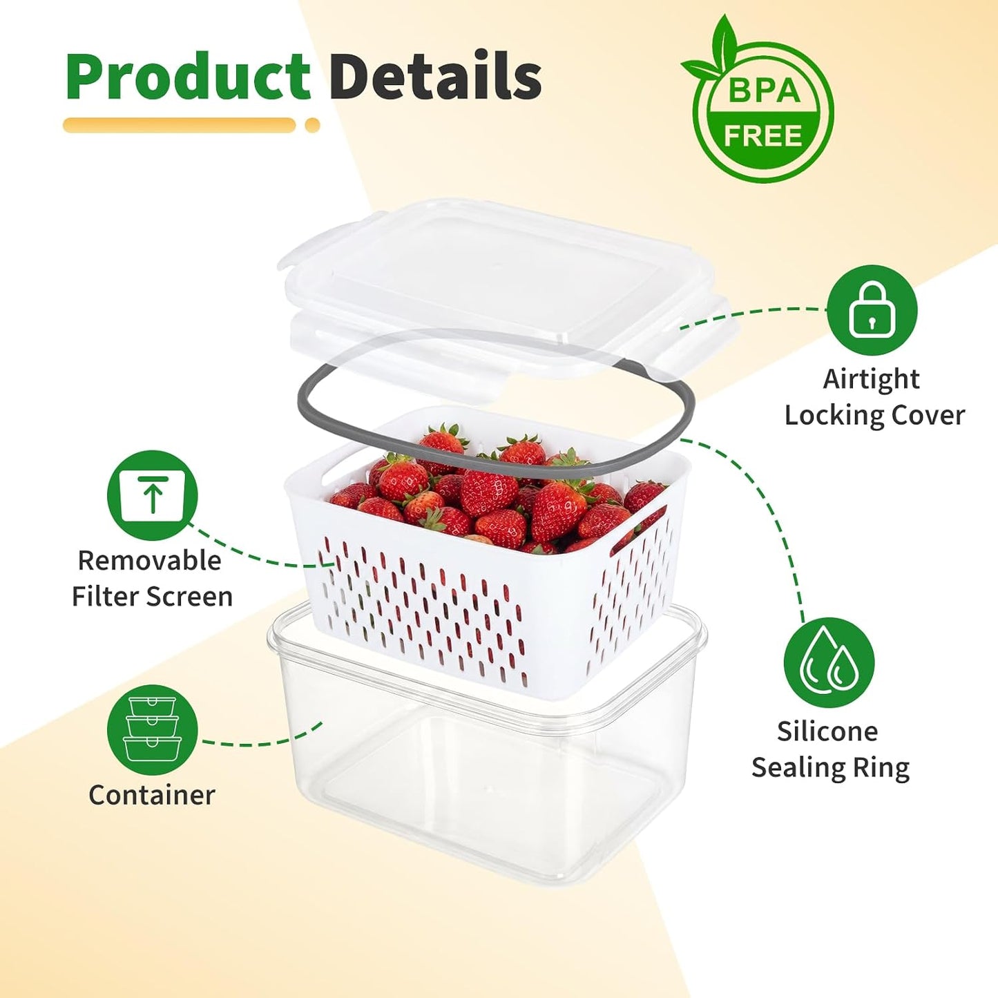 Fruit Storage Containers for Fridge with Removable Colander, 3-Pack Strawberry Containers for Fridge Containers with Lids, Organizers and Storage Keep Strawberries Fresh Twice as Long