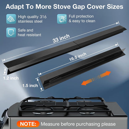2PCS Kitchen Stove Counter Gap Covers Stainless Steel (13.8"-27.5" Black) | Cooktop Trim Kit, Stove Gap Guards, Oven Gap Filler, Easy to Clean, Heat Resistant & Effectively Protect Stove Gap Filler