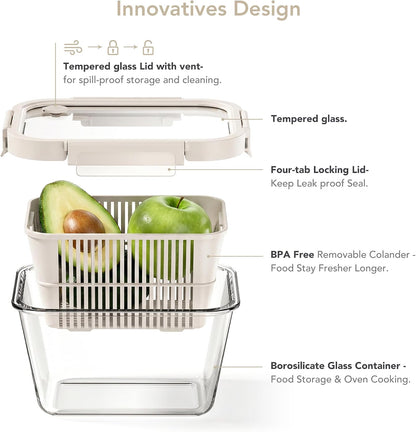 Glass Produce Storage Containers for Fridge, 2-Pack – Airtight Fruit & Vegetable Containers with Removable Colanders, Flexible Silicone Lids,LeakProof, BPA-Free Borosilicate Glass