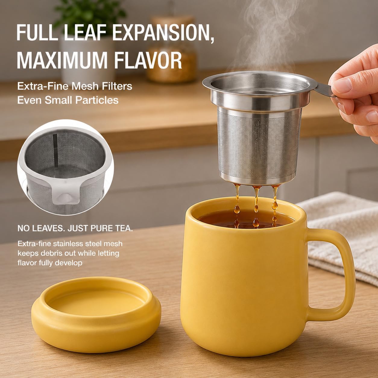 Tealyra - Sumo Porcelain Loose Tea Steeping Mug - 15oz/450 ml Ceramic Tea Cup with Infuser and Lid/Coaster - Extra Fine Stainless Steel Infusion Strainer - For Home or Office - Yellow