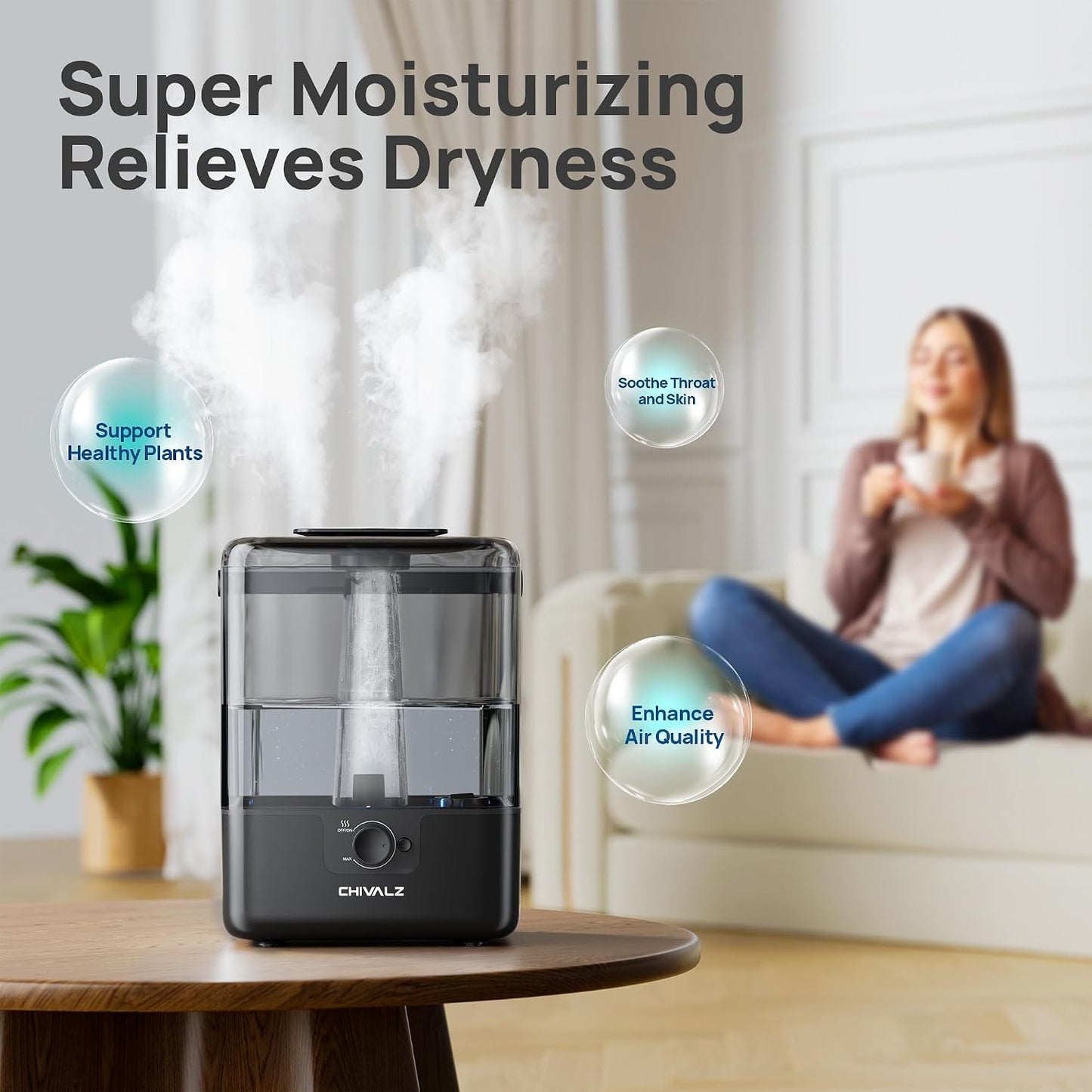 CHIVALZ Humidifiers for Bedroom Large Room, 6L Cool Mist Top Fill Humidifier with Essential Oil Diffuser, 26dB Quiet Ultrasonic Humidifier for Baby Nursery Plants, 50H Runtime Night Light 1 Pack White | Easy to Refill and Clean, Oil Diffuser, Blue