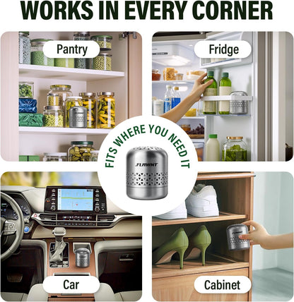 Fridge Deodorizer, Lasts Up to 10 Years, Stainless Steel, Gray | Unbox and place in fridge; refrigerator deodorizer, fridge odor eliminator, no refills, baking soda fridge alternative