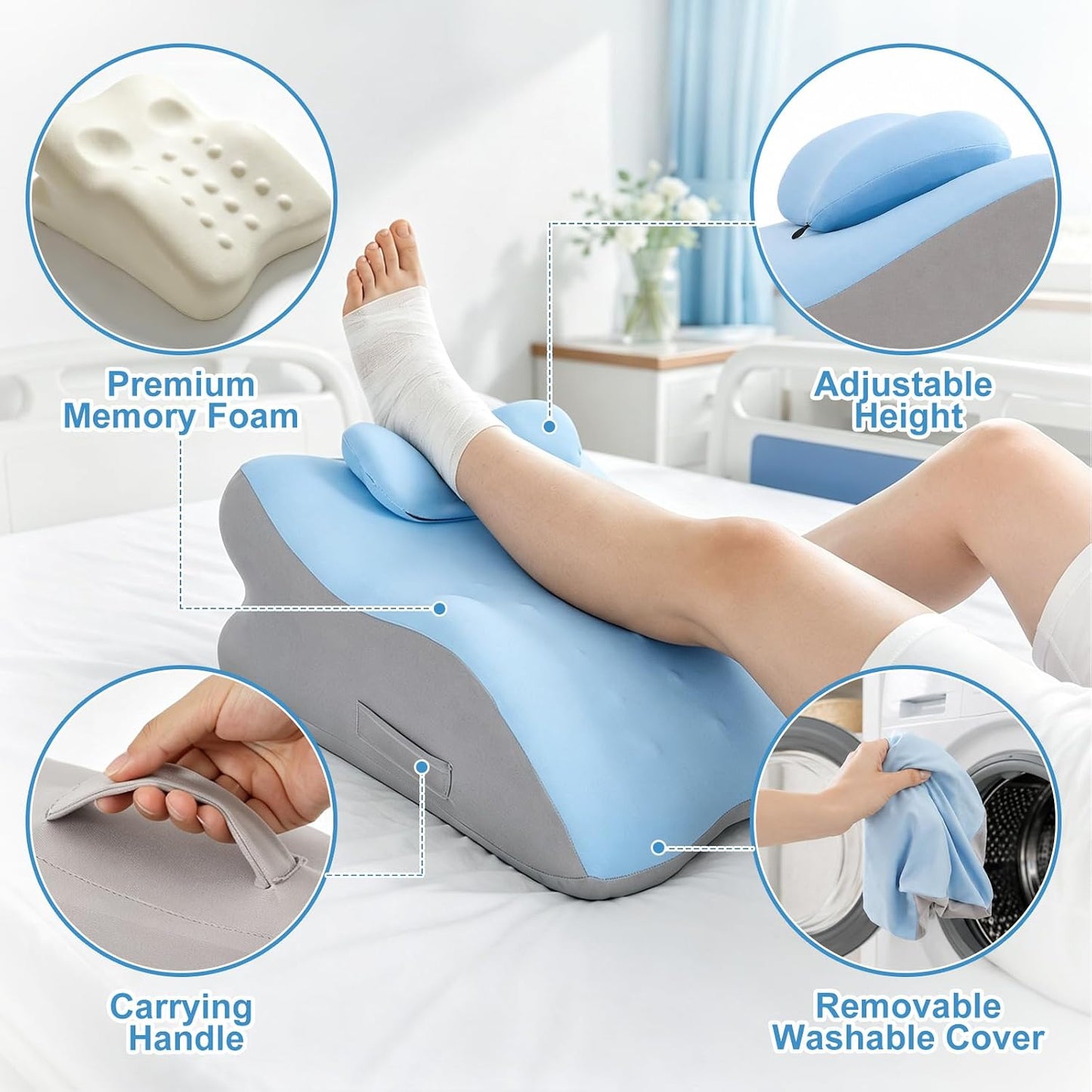 Leg Elevation Pillow, Adjustable Height for After Surgery, Blue | Memory Foam Wedge Pillow for Legs, Recovery/Rest Use, Relieves Swelling Knee Pain, Removable and Washable Cover, Single Leg