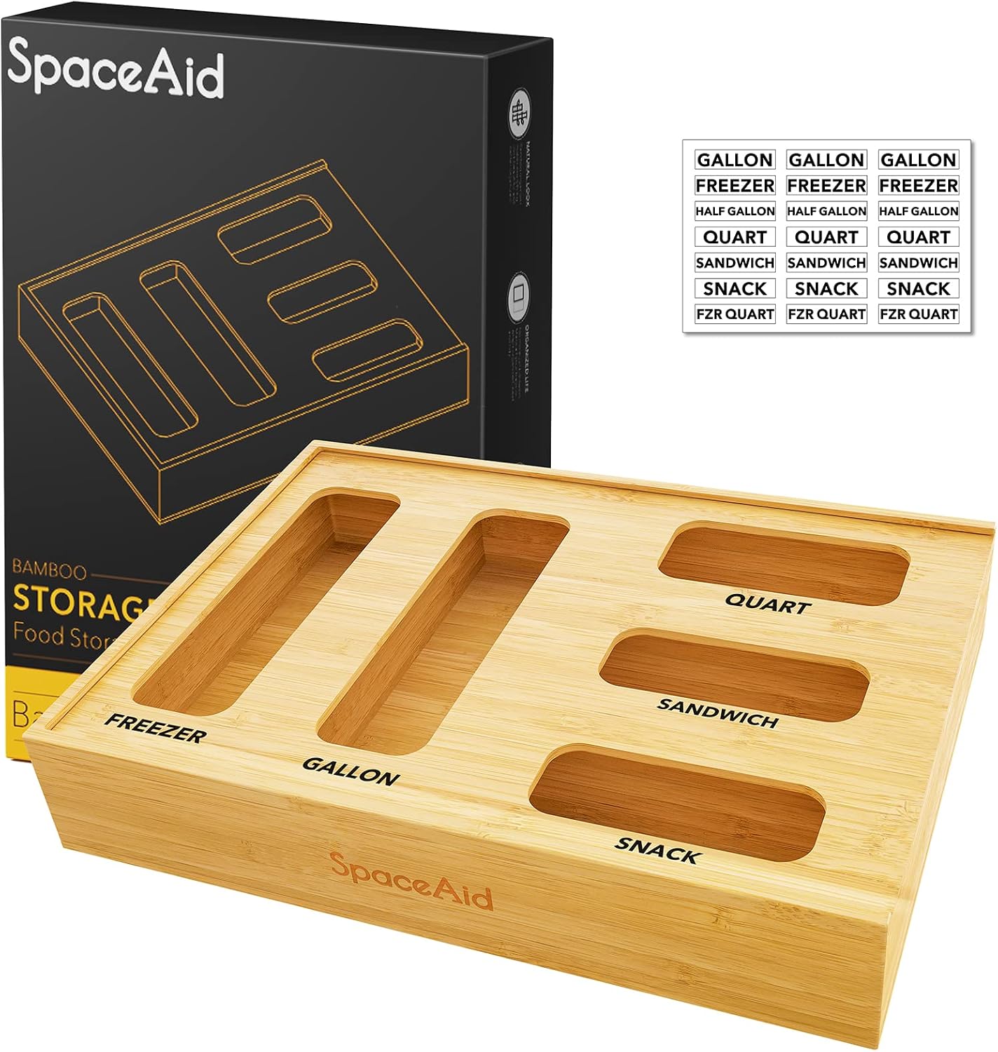 SpaceAid Bag Storage Organizer for Kitchen Drawer, Bamboo Organizer, Compatible with Gallon, Quart, Sandwich and Snack Variety Size Bag (1 Box 4 Slots)