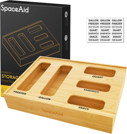 SpaceAid Bag Storage Organizer for Kitchen Drawer, Bamboo Organizer, Compatible with Gallon, Quart, Sandwich and Snack Variety Size Bag (1 Box 4 Slots)