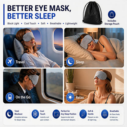 Cool Touch Cotton Eye Sleep Mask for Men & Women, Soft Breathable Flexible Fit for Side Sleepers, Adjustable Light Blocking Mask for Sleeping, Airplane Travel & Naps (Black)