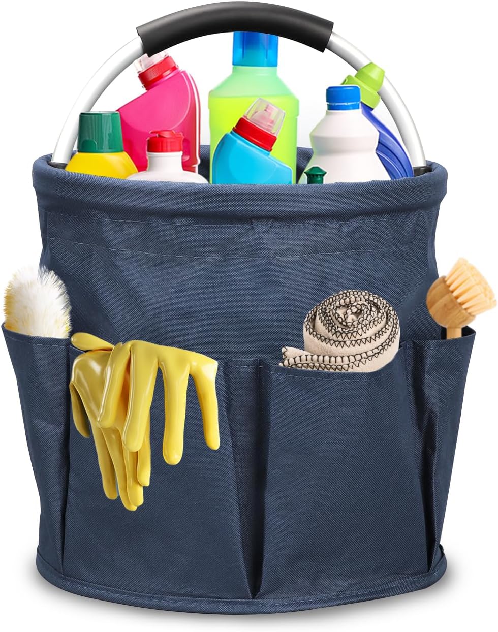 Qivine 17L Cleaning Caddy with Handle, Foldable Cleaning Supply Caddy(Blue) | Cleaning Caddy for Cleaning Supplies, Portable Cleaning Supplies Organizer with 6 Pockets, Cleaning Bucket for Kitchen Garden