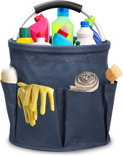 Qivine 17L Cleaning Caddy with Handle, Foldable Cleaning Supply Caddy(Blue) | Cleaning Caddy for Cleaning Supplies, Portable Cleaning Supplies Organizer with 6 Pockets, Cleaning Bucket for Kitchen Garden