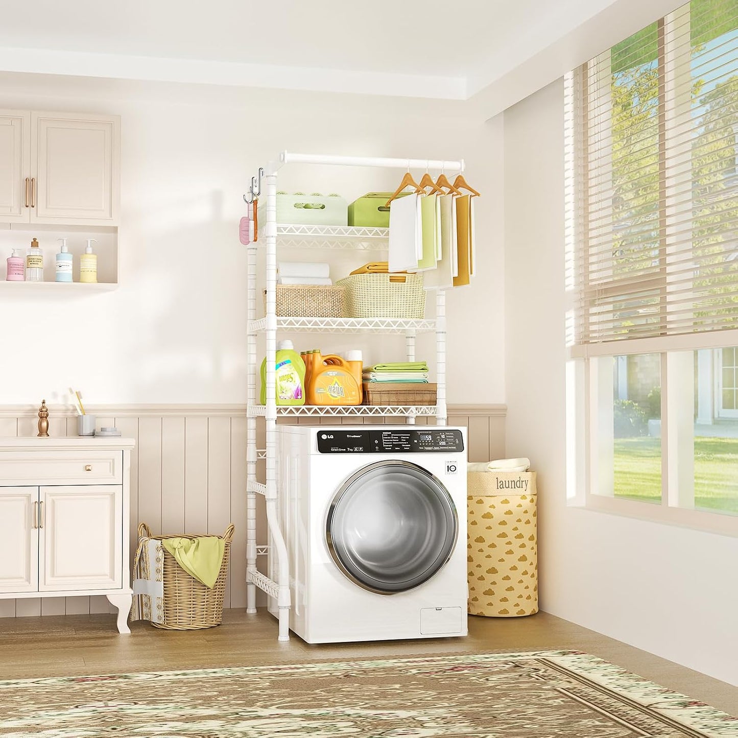 U11 Over Washer and Dryer Shelves, 3 Tiers Laundry Room Storage and Organizer Standing Shelf, Metal Freestanding Clothes Drying Rack, 33.9" W x 19.7" D x 77.6" H, Black