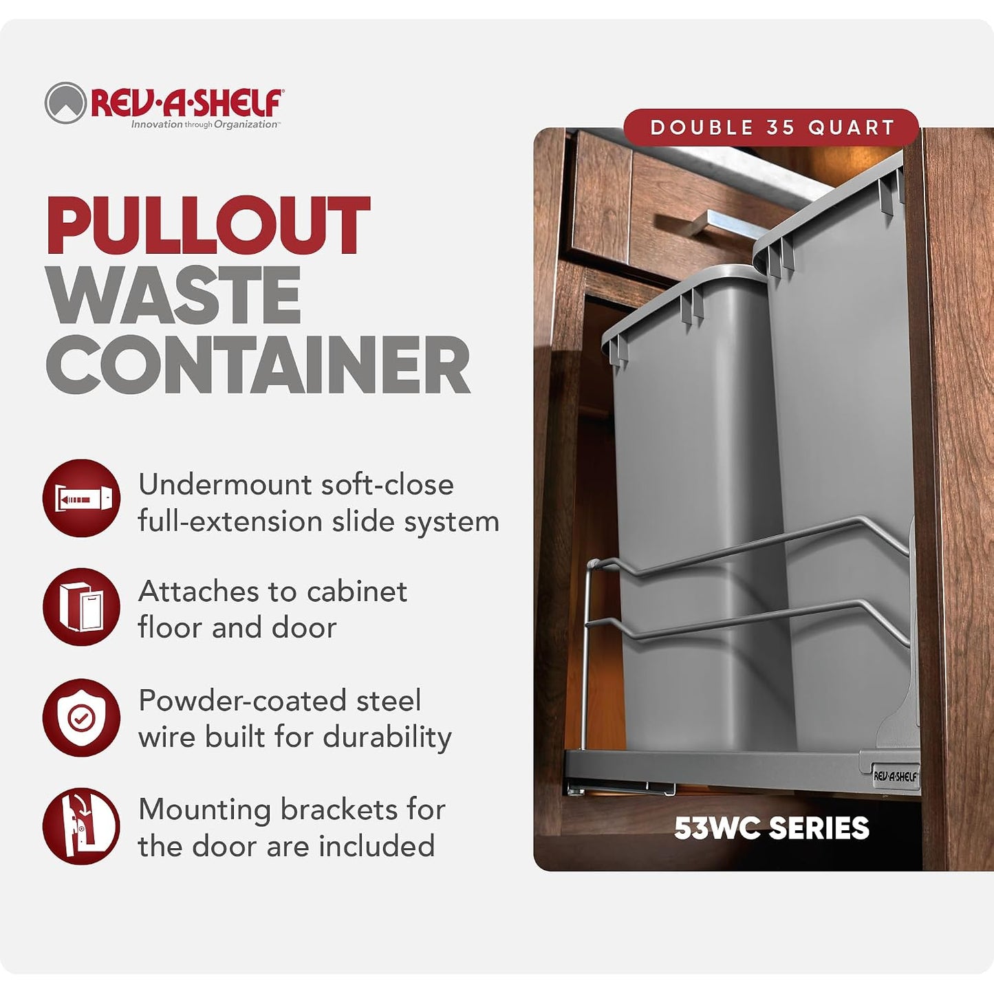 Rev-A-Shelf Double Pullout Trash Can w/Soft-Close Slides, 14.5" Min Opening | Large Capacity Garbage/ Recycling Waste Bins for Under Kitchen Cabinets, Heavy Gauge Wire Construction, 53WC-1835SCDM-211