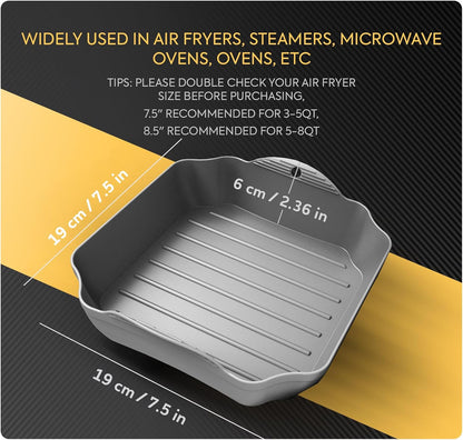 Reusable Silicone Air Fryer Liners Set, 7.5" Square Liners for 4-7QT Air Fryer Tray Baking Oven, Handles & Holes, by Zip Standing