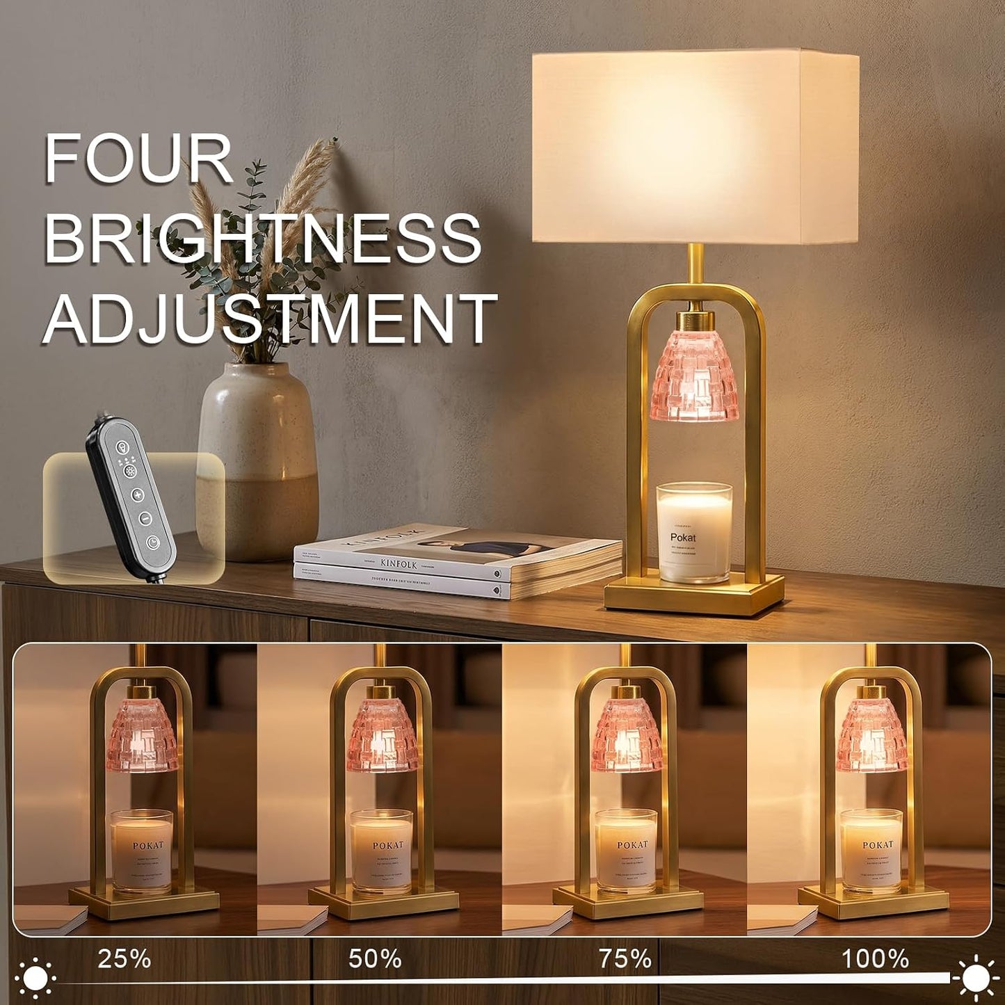PoKat Gold Table Lamp Candle Warmer, Candle Warmer Lamp with Timer Dimmer, Wax Light Warming Table Lamp for Jar Candles, Modern Bedside Lamp for House Warming Home Decor Living Room, Bulb Included