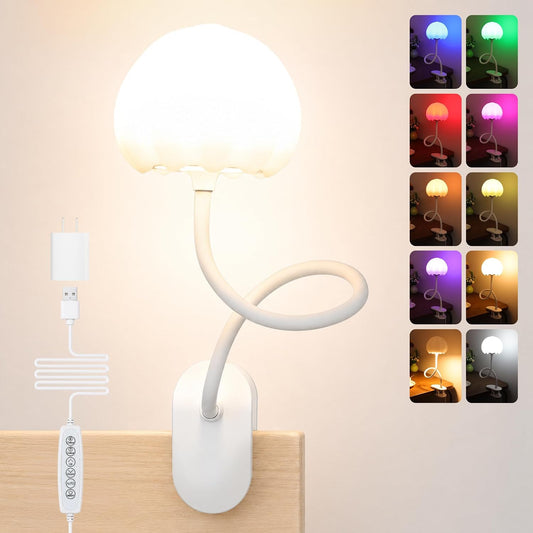 ShineTech Clip on Bed Light, 10 RGB Colors Bedside Reading Lamp for Dorm | 10-100% Stepless Dimming, Flower Desk Lamp, Memory Function, Flexible, USB Night Light for Kids Nursery Headboard