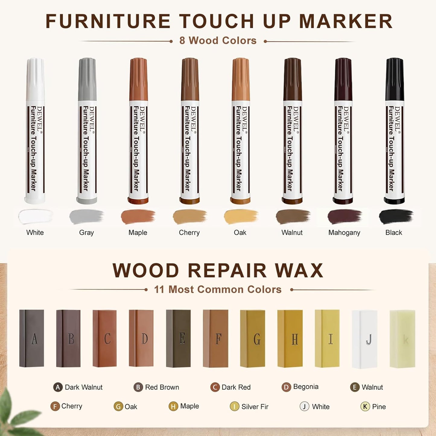 DEWEL Wood Furniture Repair Kit, New Upgrade Wood Fillers, Furniture Touch Up Markers, Wax Sticks, Wood Putty with Beeswax for Cracks, Wood Hole, Scratches, Floor, Table, Door