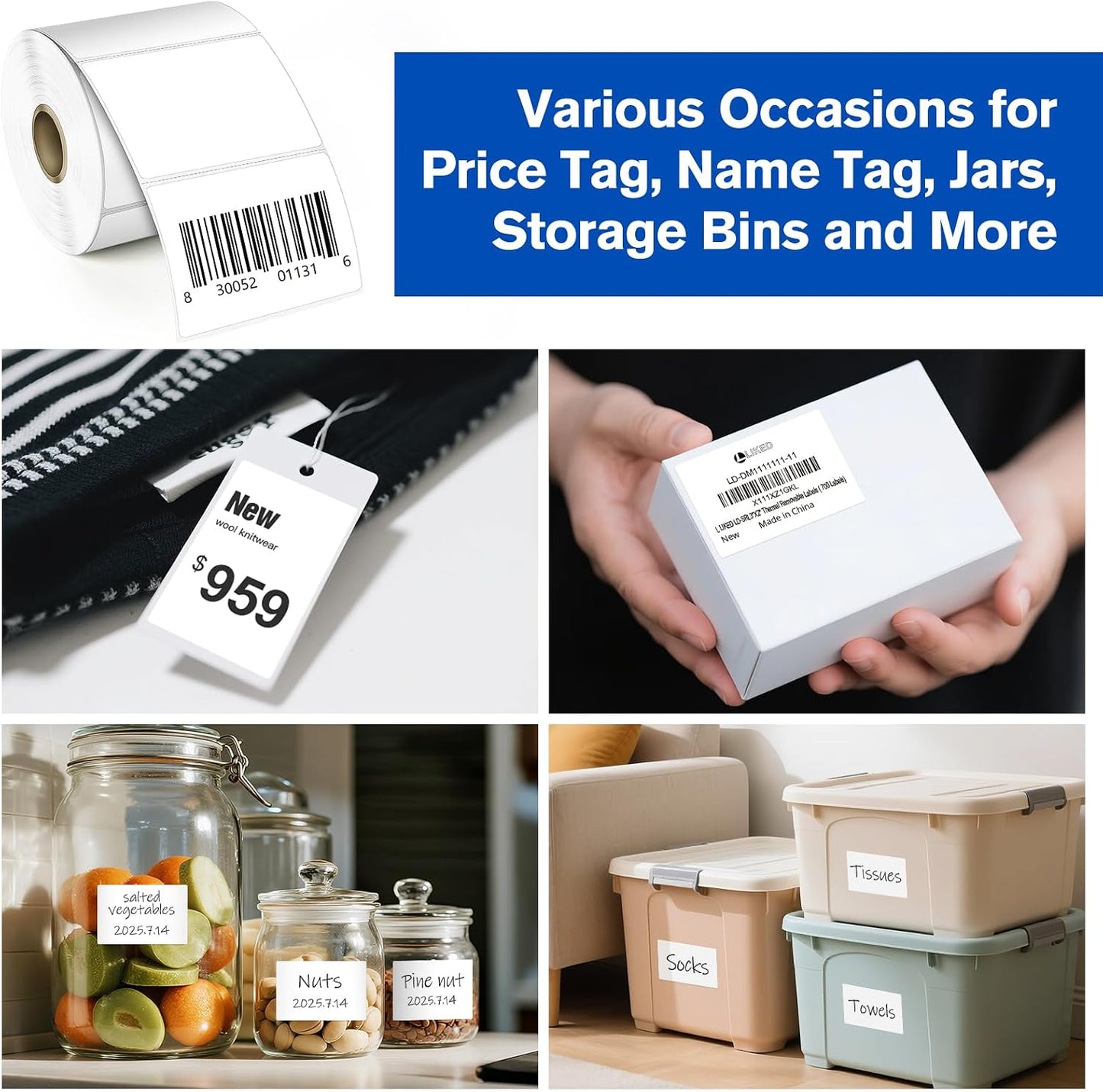 L LIKED 2" x 1" Thermal Labels, Blank Removable Labels with No Residue, Water and Oil Resistant, Use for Both Home and Office (1 Roll, 1300 Labels)
