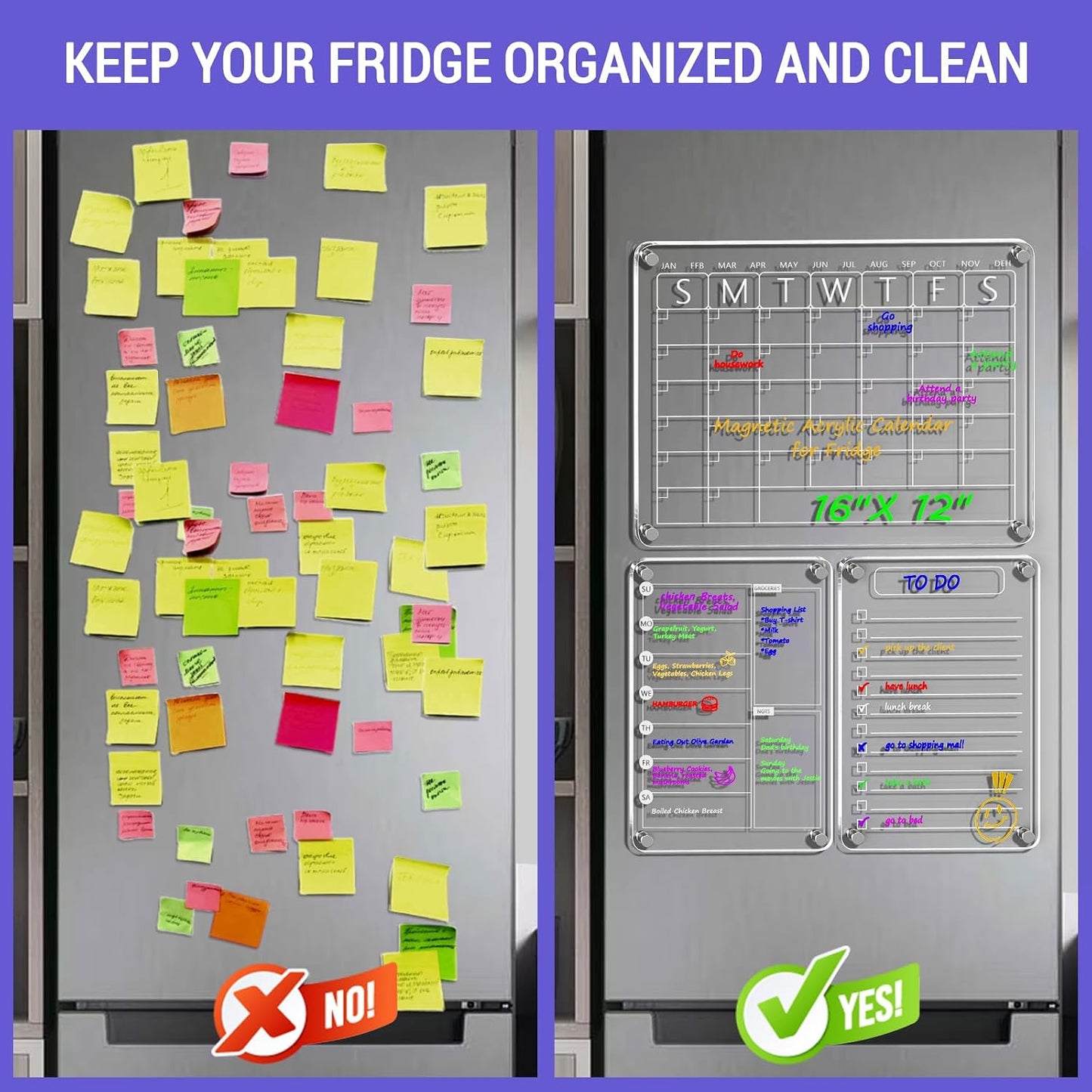 Acrylic Meal Planner Magnetic Menu Board for Kitchen Fridge, 13"x9" Clear Weekly Calendar Planning Board Noteboard Refrigerator Dry Erase Board to Do/Grocery/Shopping Lis Includes 6 Markers