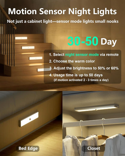 SZOKLED Motion Sensor Night Lights, 58-LED RGB Under Cabinet Lighting Wireless, 1100mAh Rechargeable Under Cabinet Lights Dimmable Closet Lights for Step, Stair, Kitchen,Hallway (2 Pack)