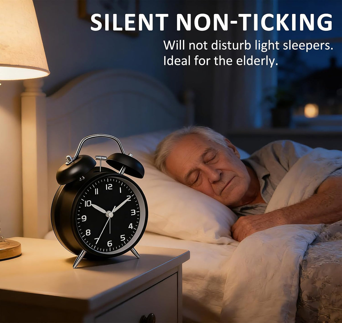 4.5" Metal Loud Alarm Clock for Heavy Sleepers Adults, Analog Battery Operated Alarm Clock with Bells Glow in Dark Numbers, Silent Old School Bedside Desk Clock for Bedroom Office Kids, Black