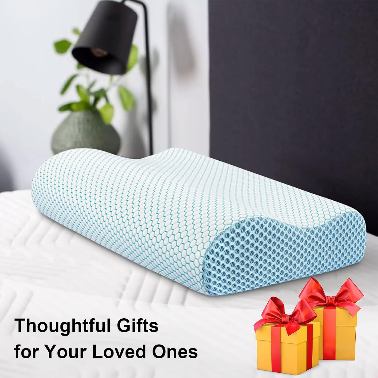 Anvo Memory Foam Pillow, Neck Contour Cervical Orthopedic Bed Pillow for Sleeping Side Back Stomach Sleeper, Ergonomic Design for Neck and Shoulder Pain Relief, Blue White, Firm
