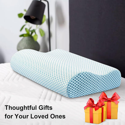 Anvo Memory Foam Pillow, Neck Contour Cervical Orthopedic Bed Pillow for Sleeping Side Back Stomach Sleeper, Ergonomic Design for Neck and Shoulder Pain Relief, Blue White, Firm