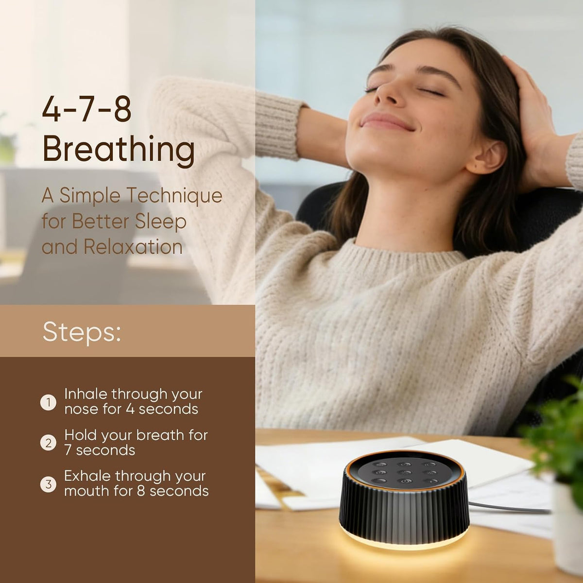 Noise Machine, White Noise Sound Machine for Baby & Adults, 26 Soothing Sounds, 8 Night Light Colors, Tap Control, 6 Timer Settings, Auto-Off & Memory, 4-7-8 Breathing (Black, Standar)