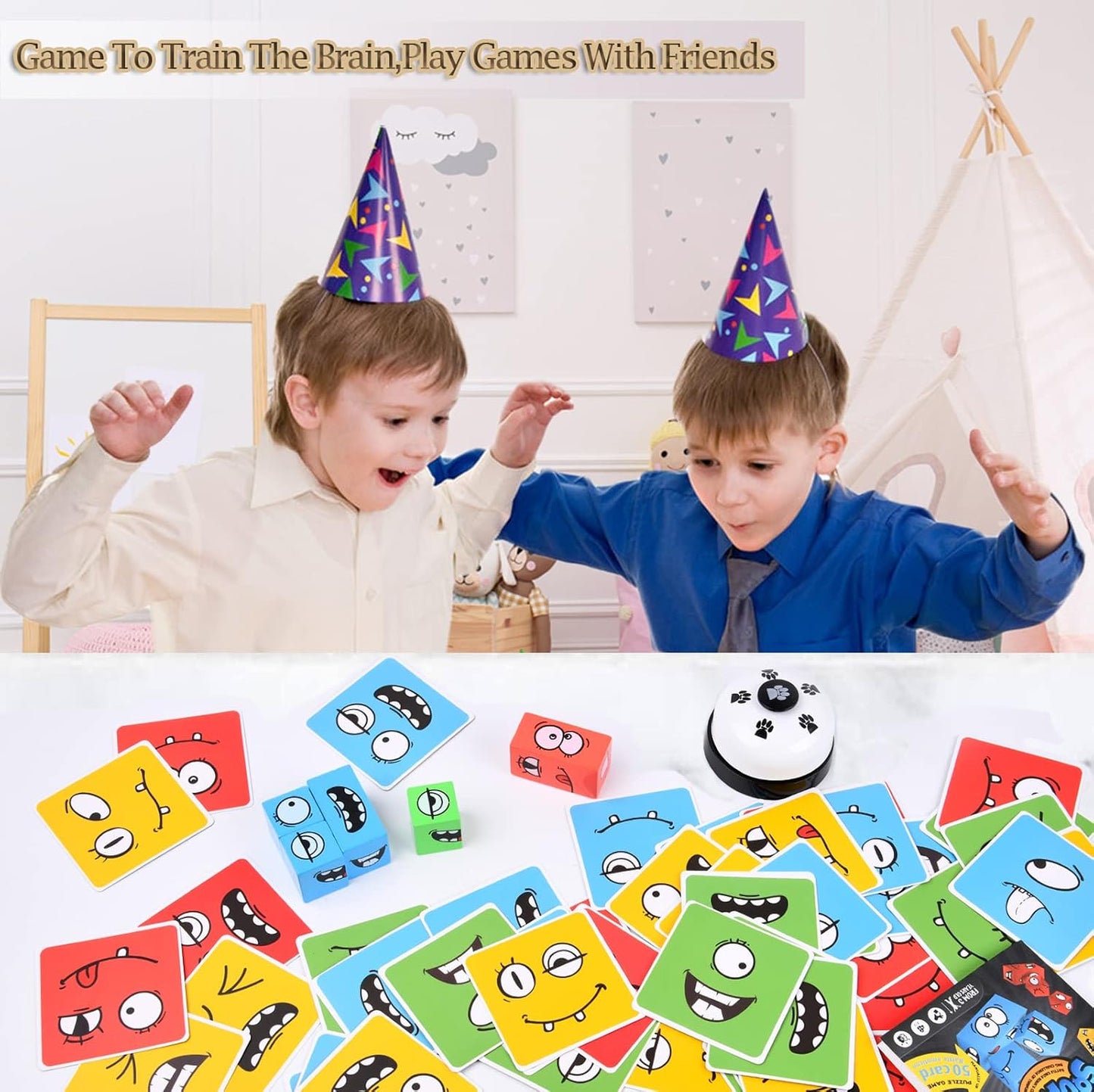 Wooden Face Changing Magic Cube Game with Bell, Puzzle Building Expression Pattern Matching Blocks Toy for Kids and Adults, Educational Fun for Family Night