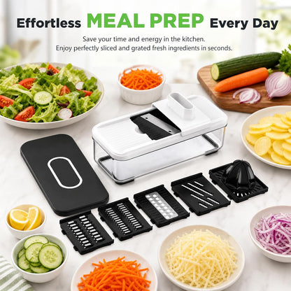 7-in-1 Mandoline Vegetable Slicer, Multi-Purpose Food Chopper & Grater with 5 Interchangeable Blades, Adjustable Julienne Cutter with Container & Safety Guard, Kitchen Gadget for Meal Prep