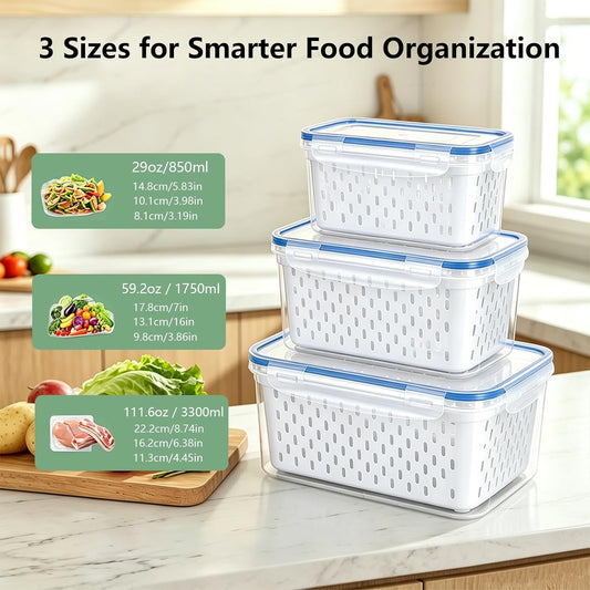 3 Pack Fruit Storage Containers for Fridge with Removable Colander and Lids | Fruit Containers for Fridge, Produce Containers for Fridge for Berry, Lettuce, Salad, Microwave and Dishwasher Safe