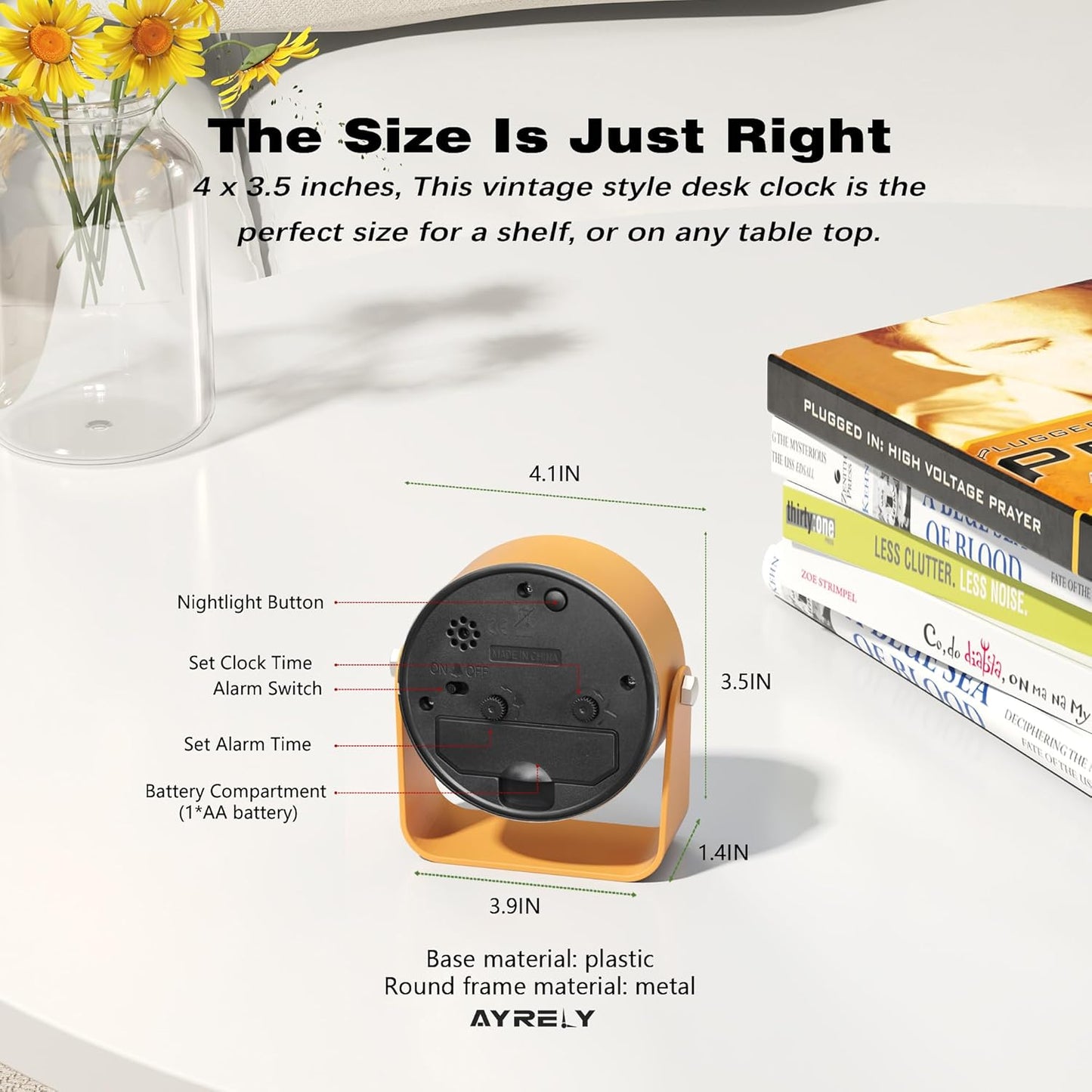AYRELY® 3.5" Small Analog Travel Alarm Clock, Battery Operated Desk Clock | Cute Table Clock with Light, Adjustable Angle, Bedside, Bedrooms, Kids' Rooms and Living Room Decor (Orange)