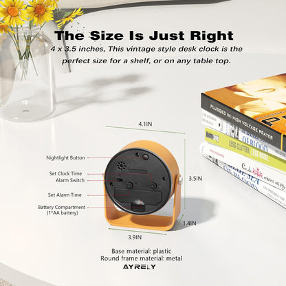 AYRELY® 3.5" Small Analog Travel Alarm Clock, Battery Operated Desk Clock | Cute Table Clock with Light, Adjustable Angle, Bedside, Bedrooms, Kids' Rooms and Living Room Decor (Orange)