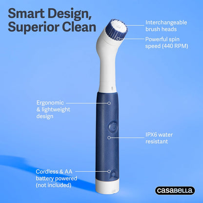 Casabella Power Spin Scrubber, Extendable to 47.5” – Cordless Electric Cleaner for Shower, Kitchen, Bathroom, Tile, Tub, Car, Deck - Rechargeable Spin Brush with Adjustable Brush Head & 4 Attachments