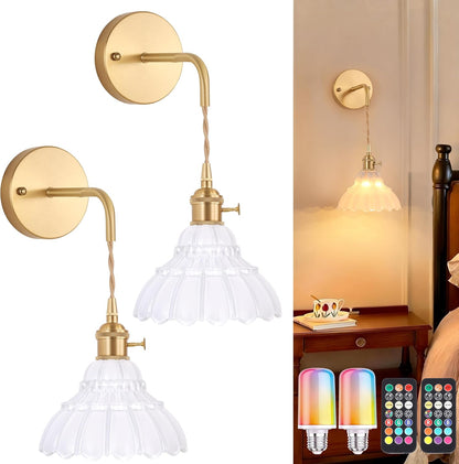 Shenmoyl Battery Operated Wall Sconce Wall Lamp with Green Lily of the Valley Shade Pattern Glass Adjustable Chain Retro Gold Wall Mounted Light, Modern Wall Lamp Fixtures Decor for Bedside Bedroom