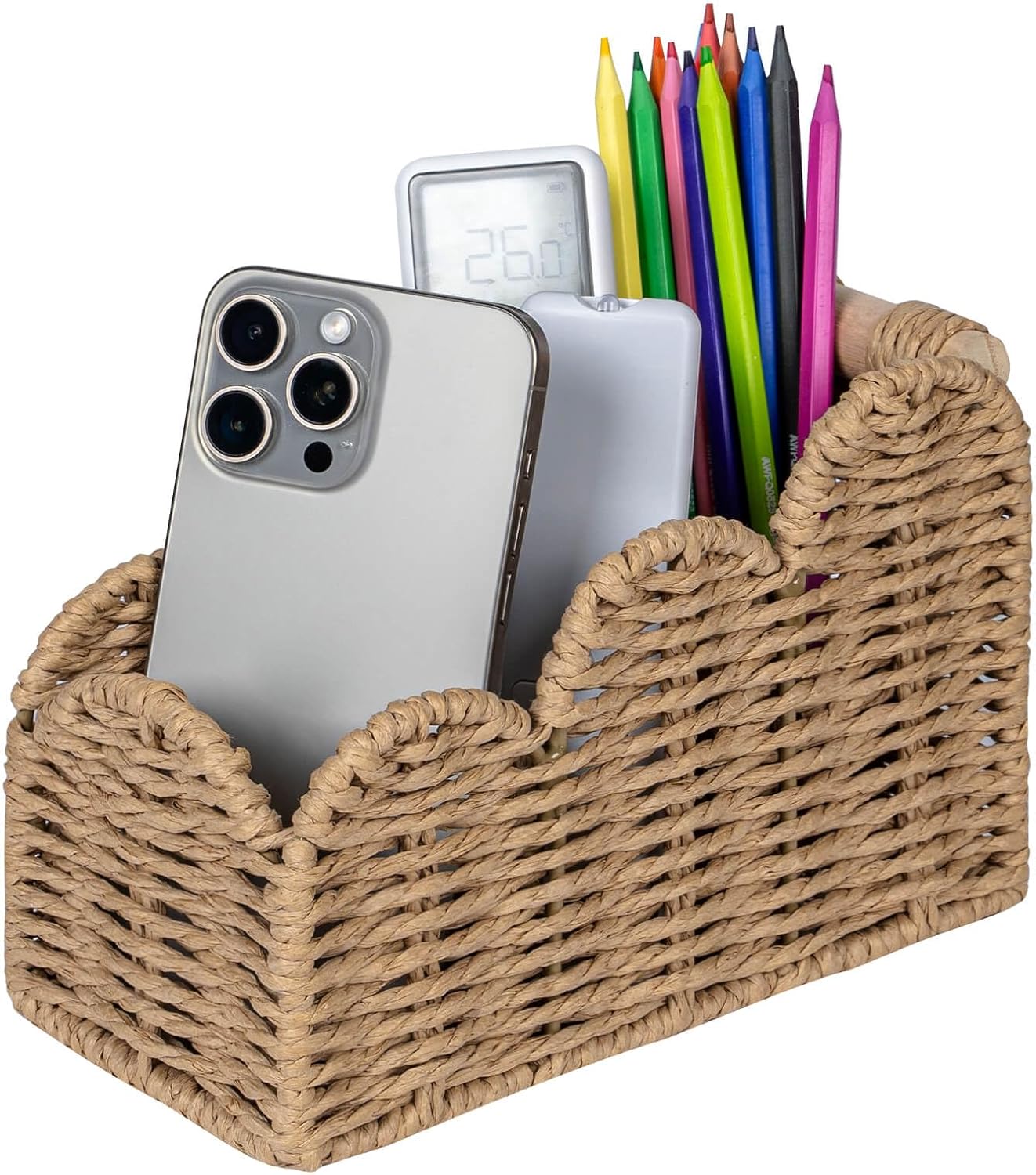 CubesLand Bedside Table Desk Organizer Caddy, Remote Pen&Pencil Holder Cup | Makeup Brush Holder w/Scalloped Perfect for Home, Office Desk, Living Room Table Decor, 3 Slots Neutral